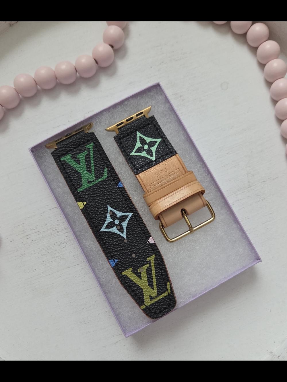Louis Vuitton Multicolor Noir Monogram Black Leather Watch Band (Up-cycled)
